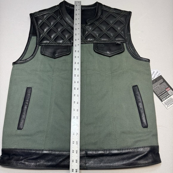 First MFG Co Hunt Club Green Canvas Black Leather Motorcycle Riding Vest Small - Picture 15 of 15
